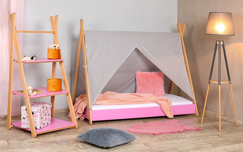 Krevet sa nastrešnicom, dušekom i letvicama 180x80 Tipi, roze 7796