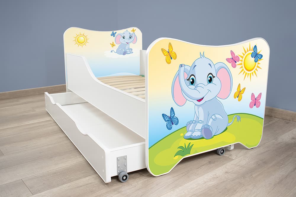 Dečiji krevet sa dušekom, letvicama i fiokom happy kitty Little elephant 160x80 cm 